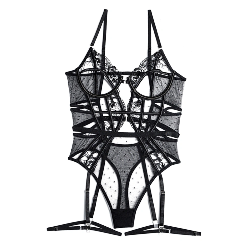 Women Strappy Lingerie Underwire Bra See Through Adjust Straps Buckle Lace Mesh Splicing Nightwear Black S