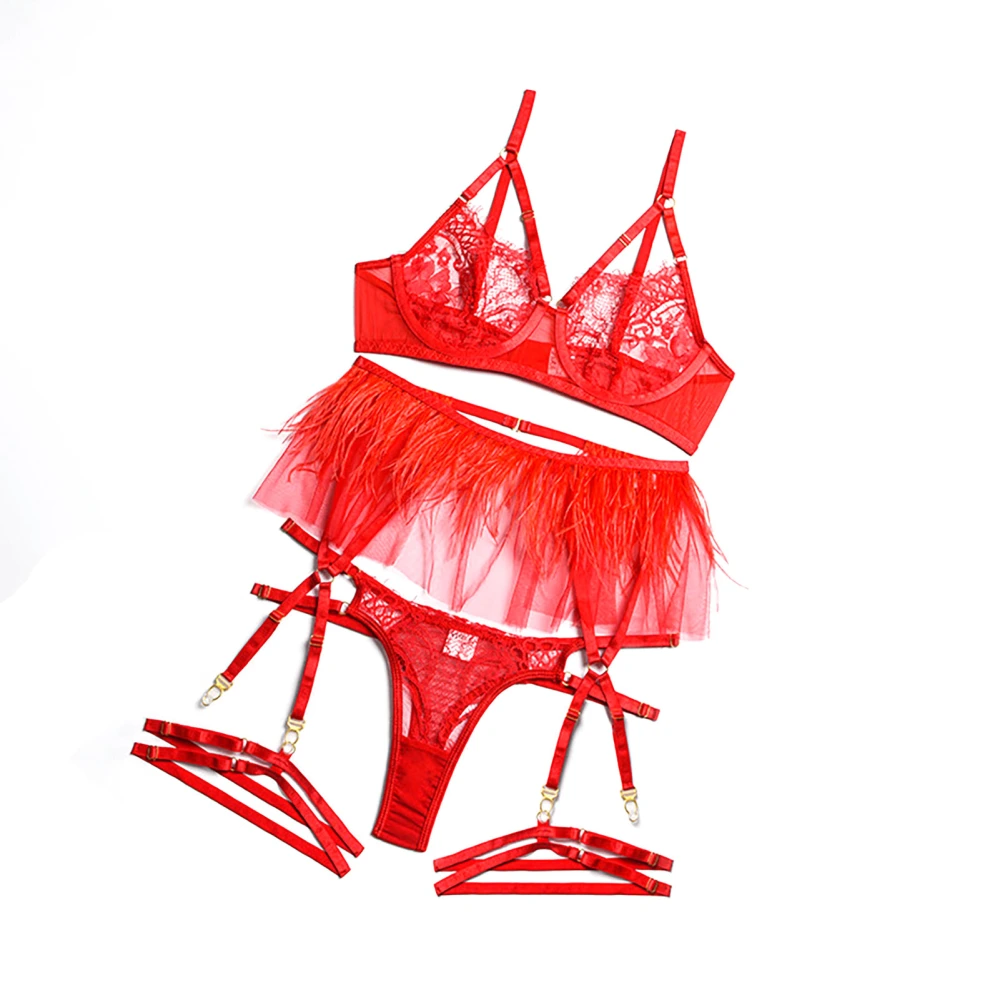 Women Lingerie Set Fashionable Elegant Lace Mesh Bra Panty Garter Belt Leg Ring Set for Anniversary Red S