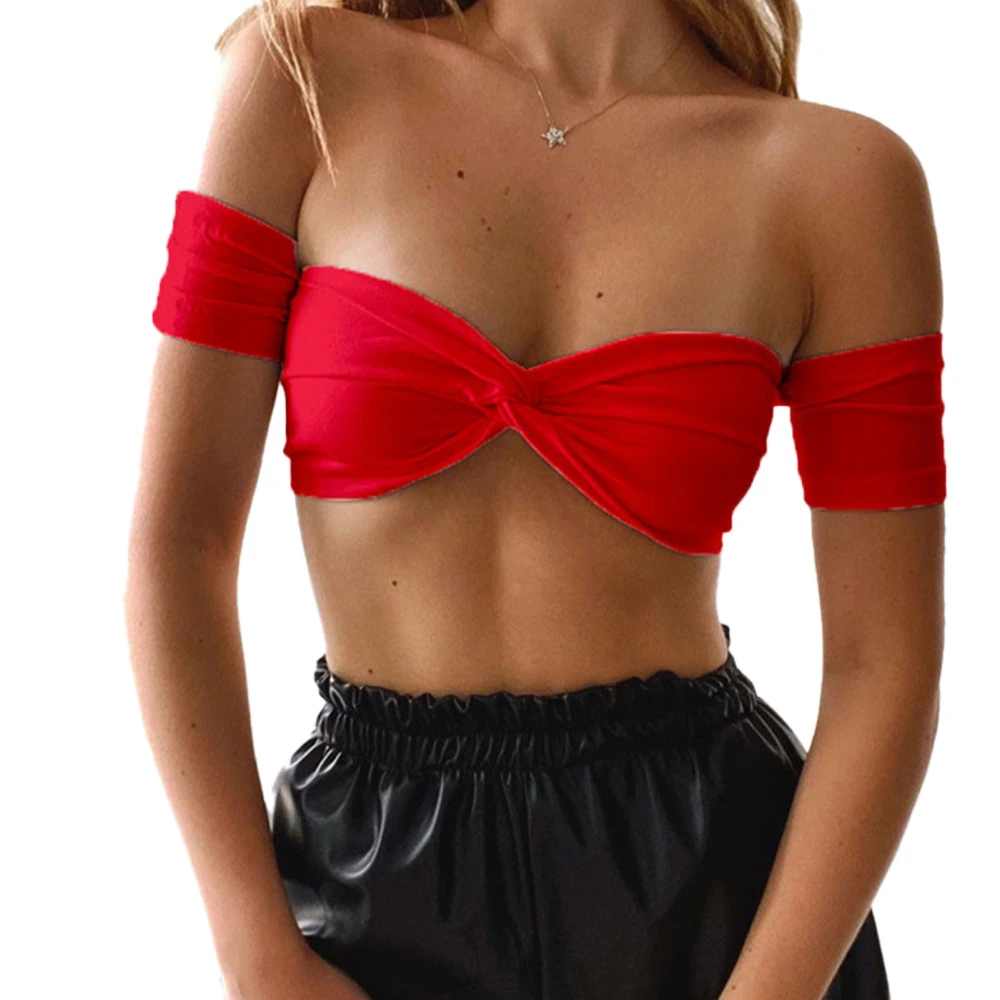 Women Top Short Sleeve Top Off Shoulder Knot Front Strapless Pure Color Chest Wrap Top Red M