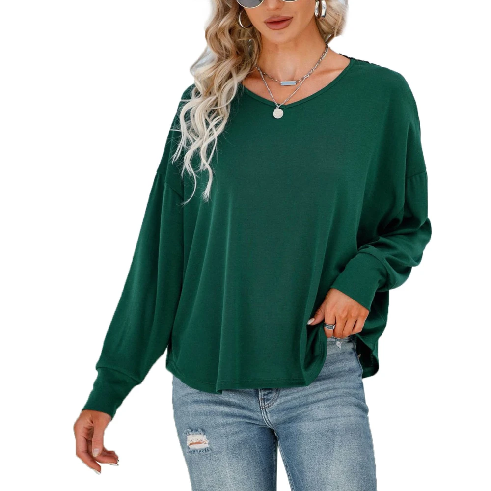 Women Long Sleeves Pullover Top Crewneck Batwing Sleeve V Neck Lace Backless Design Women Top Dark Green M