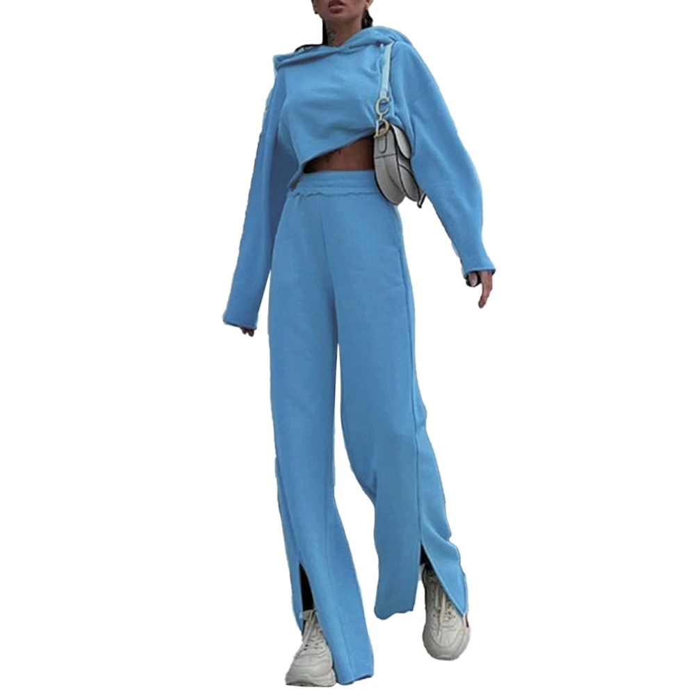 Crop Top Hoodie Set Long Sleeve Pure Sky Blue High Waist Loose Pants Womens Tracksuit for Party Sports Jogging Sky Blue M