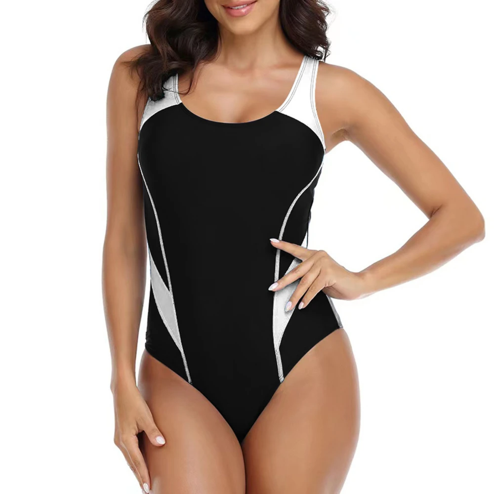 One Piece Bathing Suit Tummy Control Color Block Cutout Crewneck Stretchy Athletic Swimsuit White L