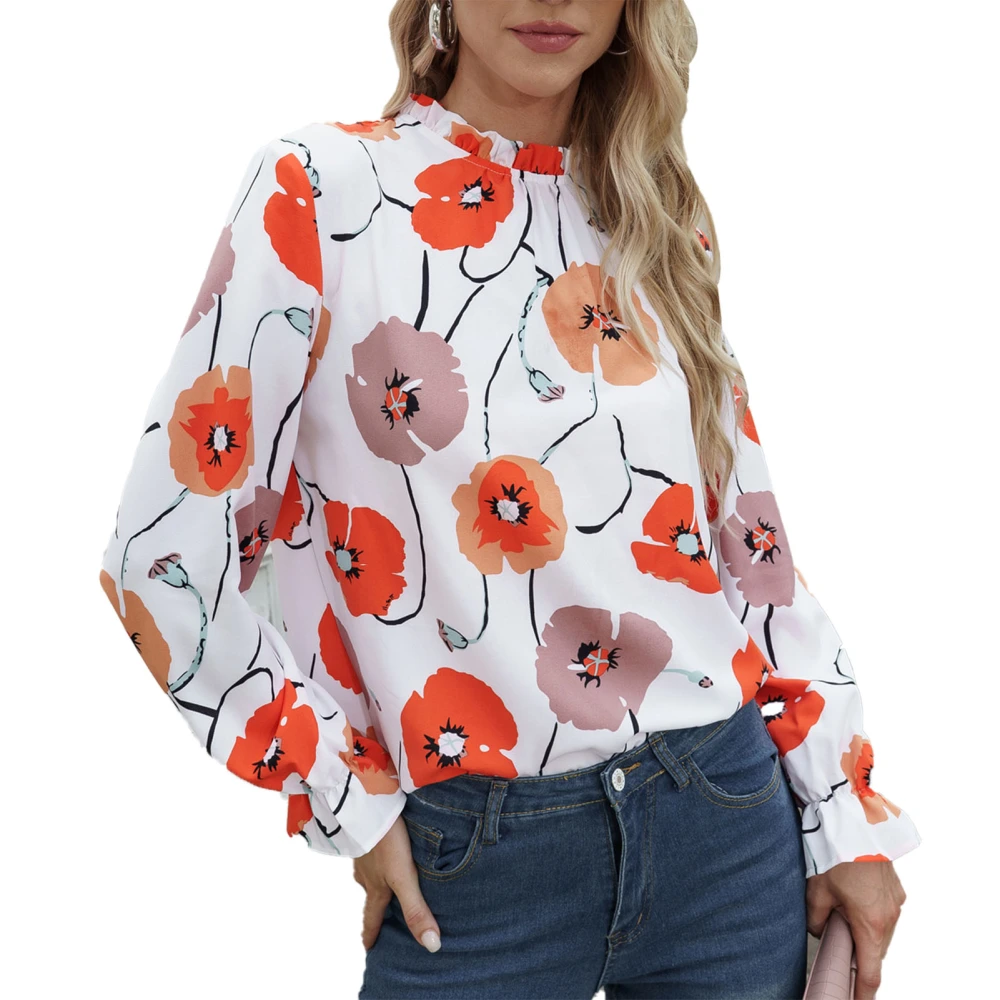 Long Sleeve Floral Print Shirt Women Casual Elegant Ruffle Neck Cuff Tops Blouse for Holiday Party White XL