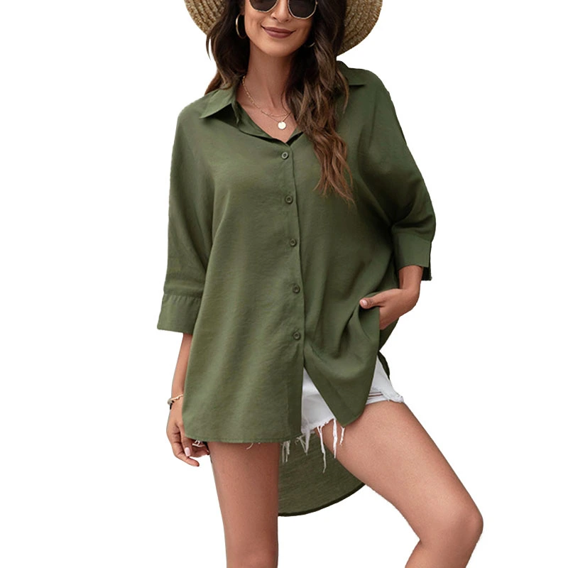 Women Button Down Shirt Turn Down Collar Three Quarter Sleeve Irregular Hem Pure Color Loose Fit Lady Blouse OD Green L