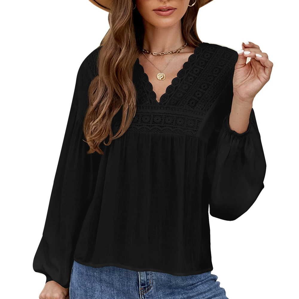 Women Blouse V Neck Lace Stitching Ruffle Hem Pure Color Elegant Lantern Long Sleeved Women Top Black XL