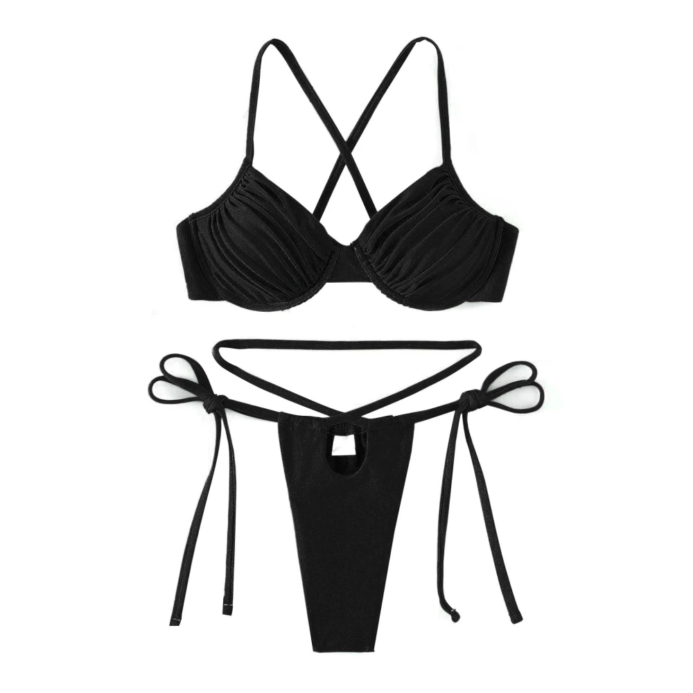 Women Two Piece Bikini V Neck Soft Skin Friendly Breathable Bikini Swimsuit with Steel Rings for Spa Surf Black M