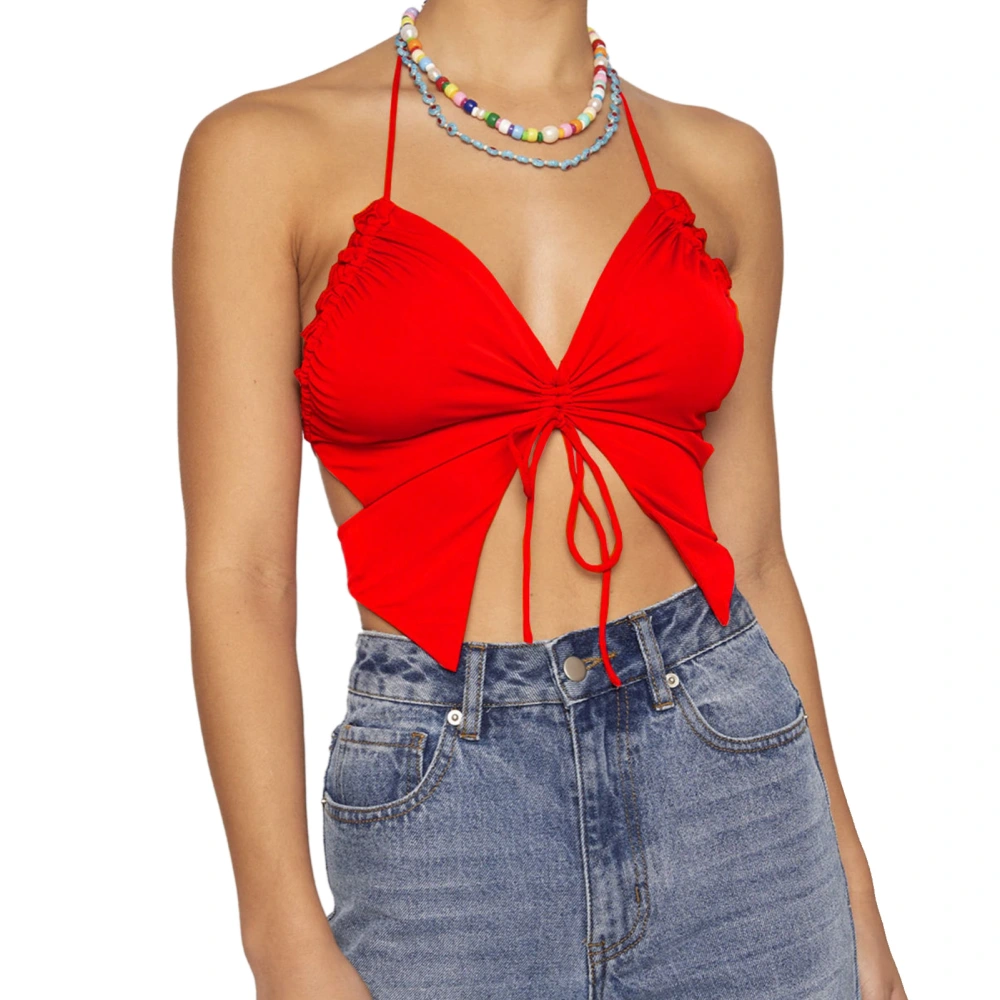 Women V Neck Tank Top Halter Neck Frill Trim Backless Bowknot Strap Summer Sleeveless Short Top Red S