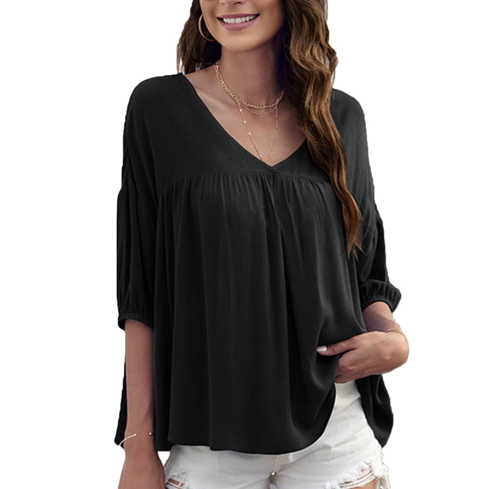 V Neck Ruffle Top Comfortable Breathable Loose Fitting Half Sleeve Women Casual Blouse Black XXL