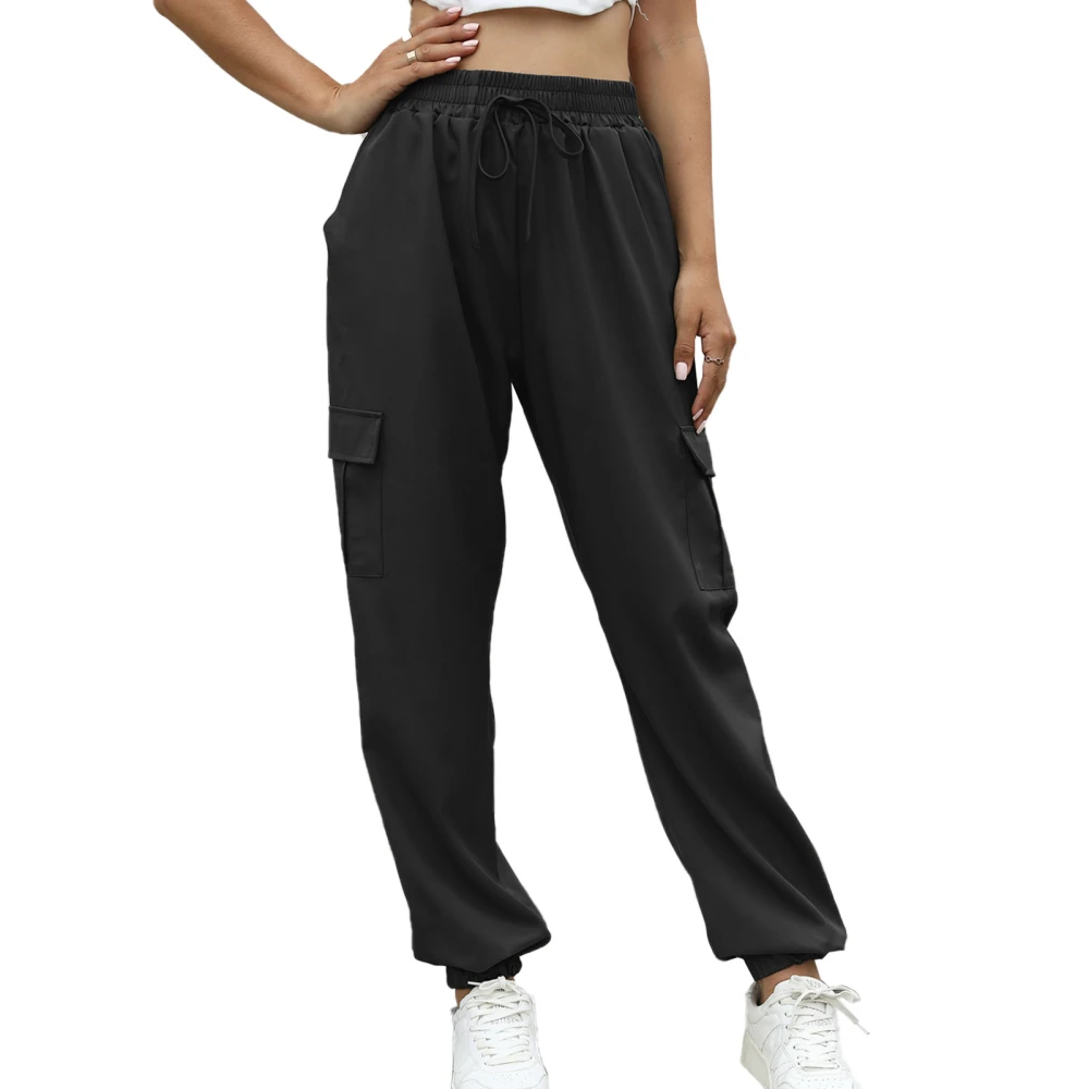 Womens Joggers Ankle Cuff Side Pocket Drawstring Pure Color High Waist Women Sweatpants Black S