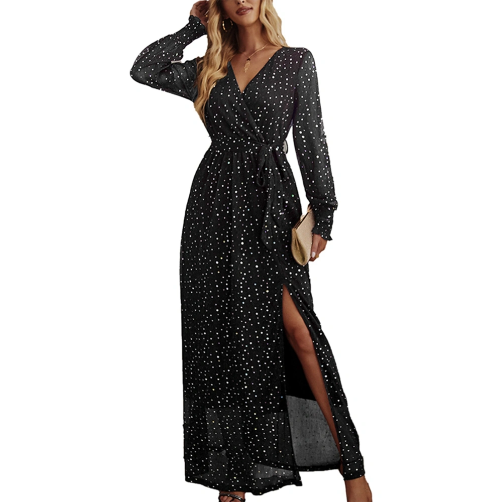 Women Long Dress V Neck Shirred Frill Trim Lantern Sleeve Sequin Cross Wrap Side Slit High Waist Belted Long Dress Black XL