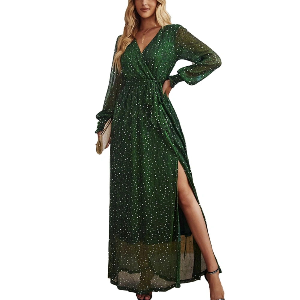 Women Long Dress V Neck Shirred Frill Trim Lantern Sleeve Sequin Cross Wrap Side Slit High Waist Belted Long Dress Green S