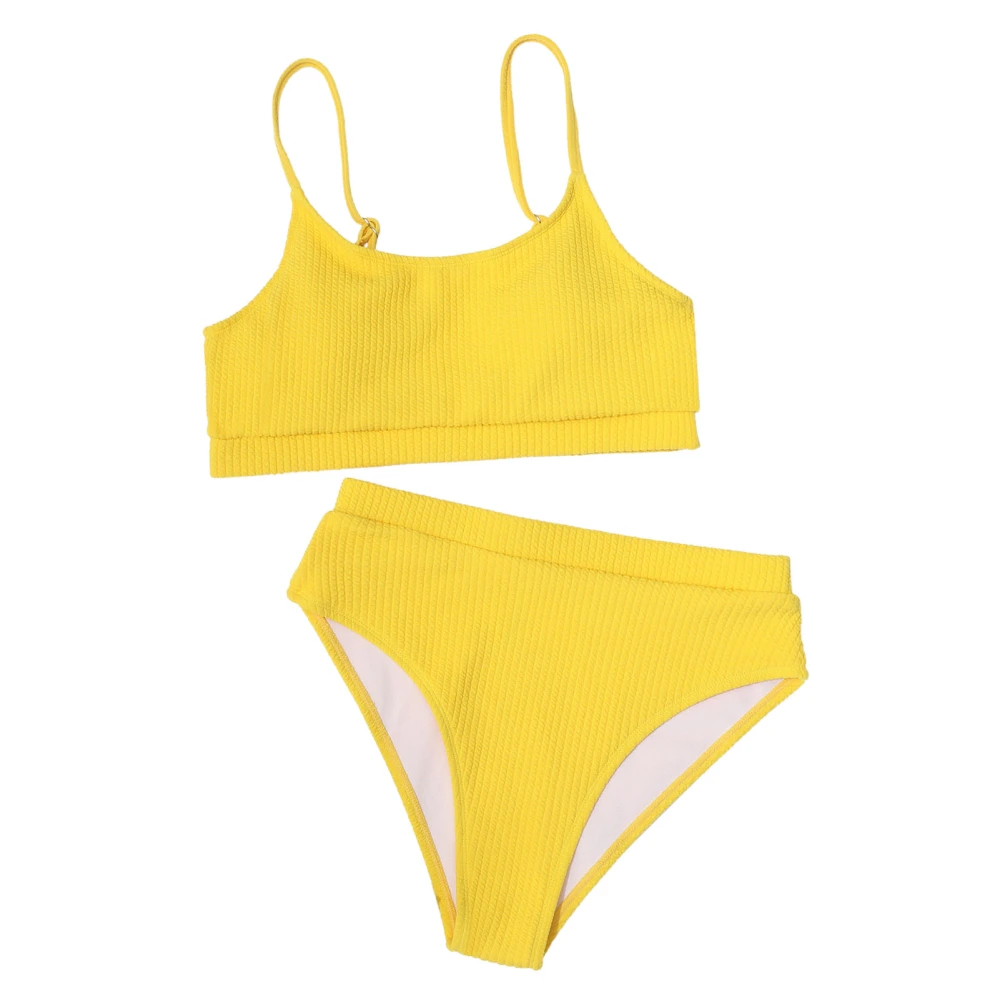 Two Piece Bathsuit Rib High Waist Pure Color Strap Slim Fit Fashionable Two Piece Bikini for Women Yellow L