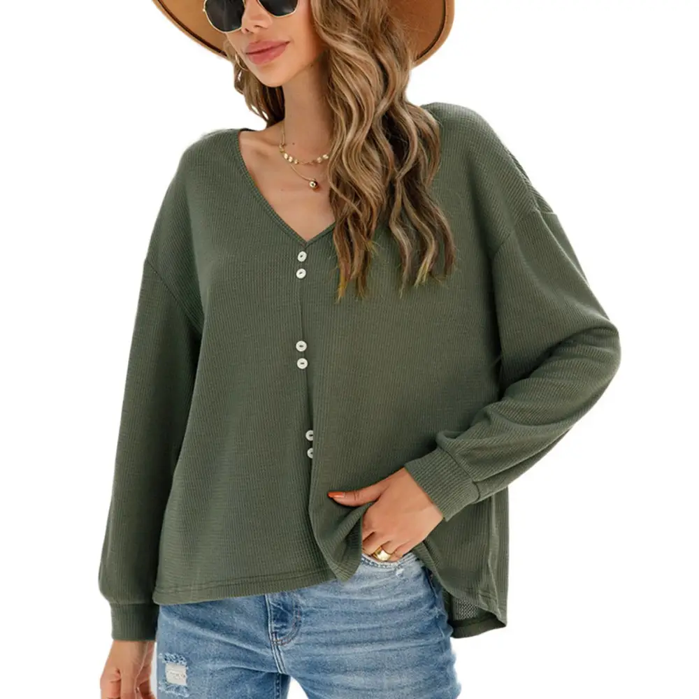 Women Long Sleeves Pullover Top V Neck Button Decoration Stylish Casual Women Pullover Top OD Green M