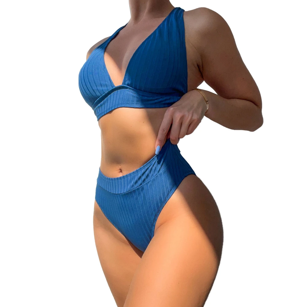 Two Piece Swimsuit Backless V Neck Fashionable Tight Bikini for Beaches Party Surfing Swimming Pools Blue M