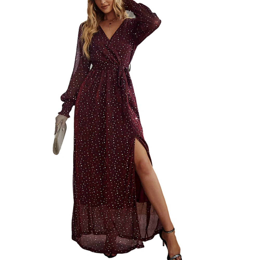 Women Long Dress V Neck Shirred Frill Trim Lantern Sleeve Sequin Cross Wrap Side Slit High Waist Belted Long Dress Wine Red XL