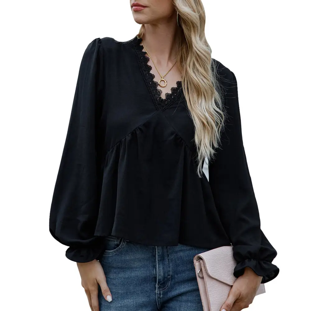 Women Henley Shirt Elegant Black Laced V Neck Long Puff Sleeve Womens Long Sleeve Blouse for Party Office Holiday Black XL