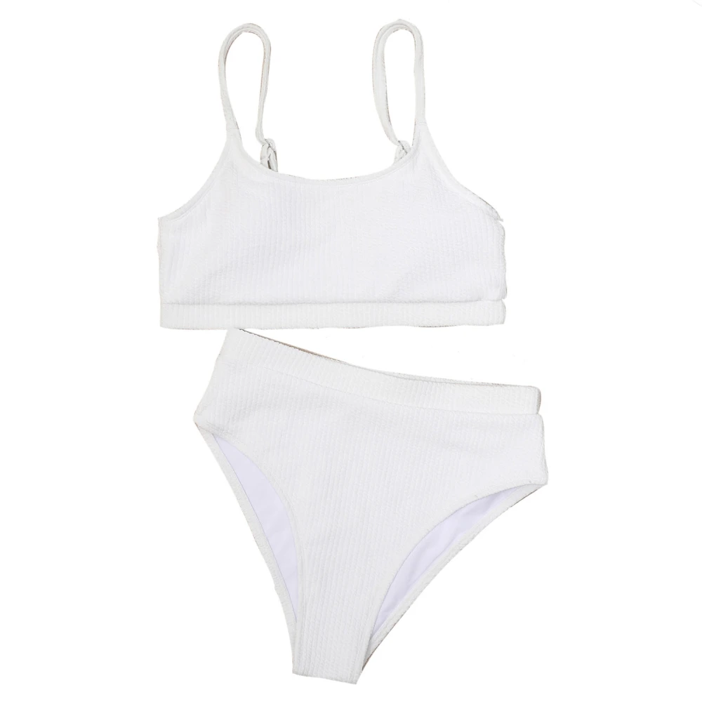 Two Piece Bathsuit Rib High Waist Pure Color Strap Slim Fit Fashionable Two Piece Bikini for Women White M