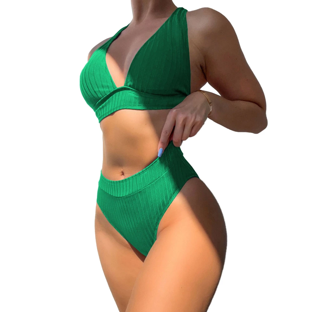 Two Piece Swimsuit Backless V Neck Fashionable Tight Bikini for Beaches Party Surfing Swimming Pools Green S