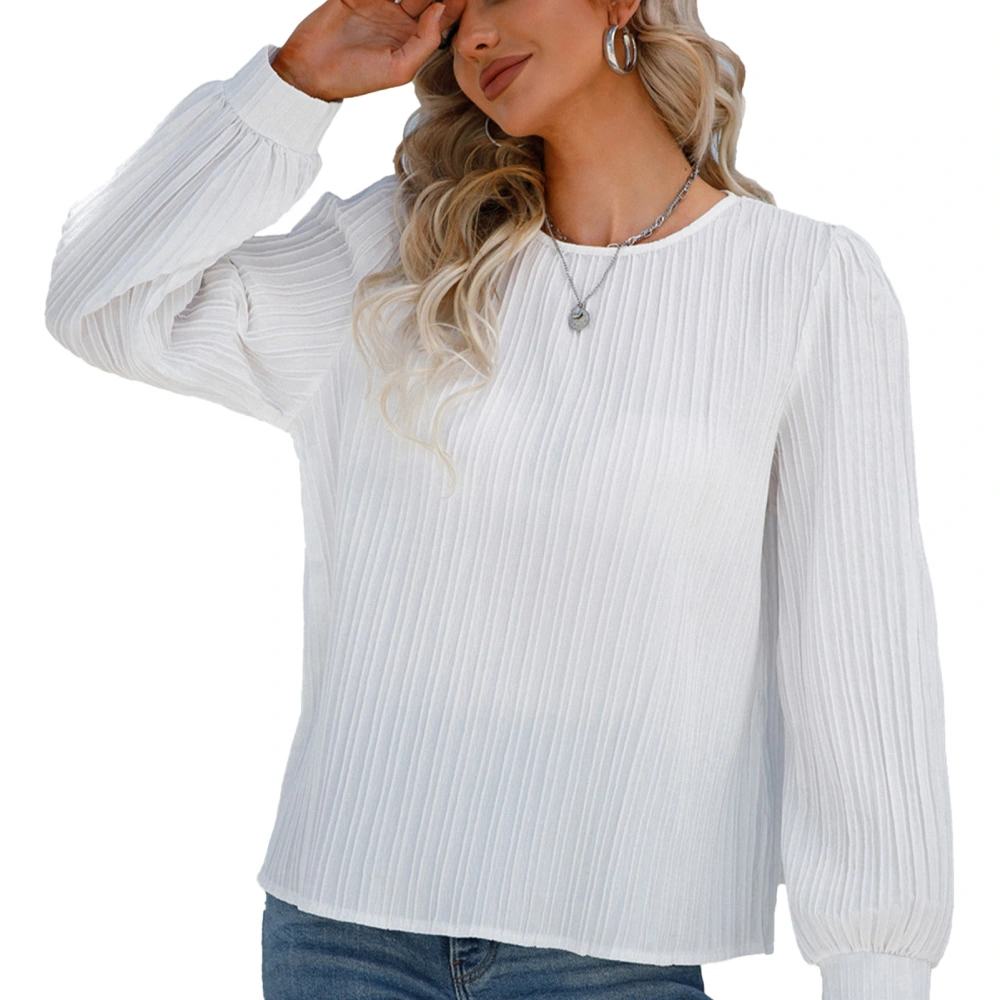 Womens Long Sleeve Shirt Round Neck Regular Long Sleeved Personality Fashion Casual Loose Shirt White L