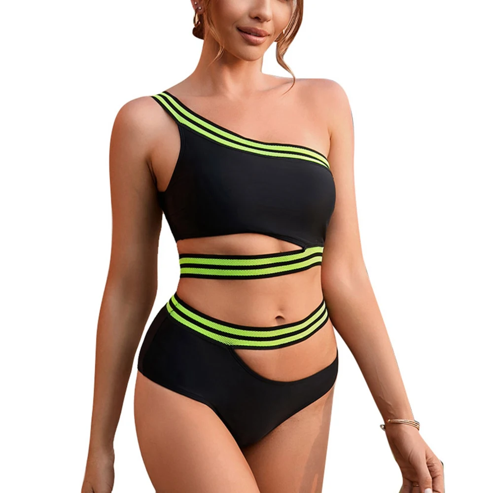 Split Swimsuit One Shoulder Cutout Design Stylish Two Piece Swimwear Women Bathing Suit Black S