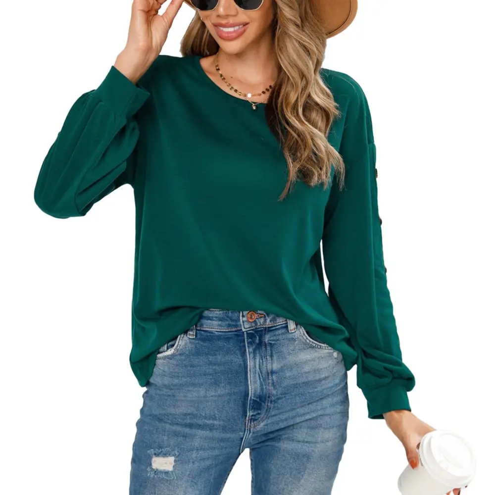 Women Long Sleeve Shirt Crewneck Pure Green Sleeve Button Stylish Design Women Block Tunic Tops for Party Office Green S