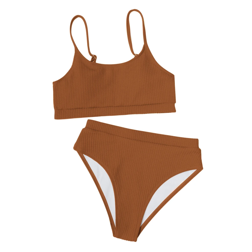 Two Piece Bathsuit Rib High Waist Pure Color Strap Slim Fit Fashionable Two Piece Bikini for Women Brown XL