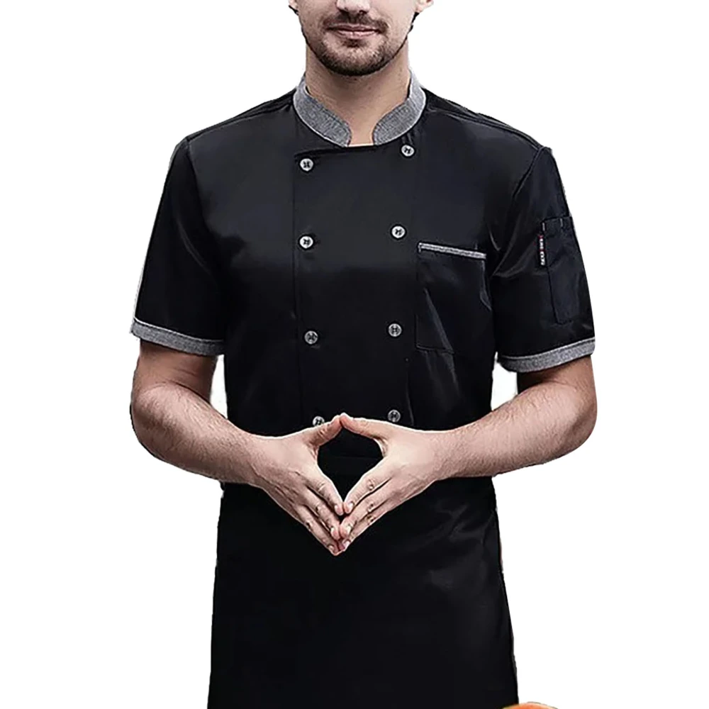 Chef Short Sleeve Breathable Mesh High Temperature Resistant Button Design Easy Washing Cotton Men Cook Shirt Black XL