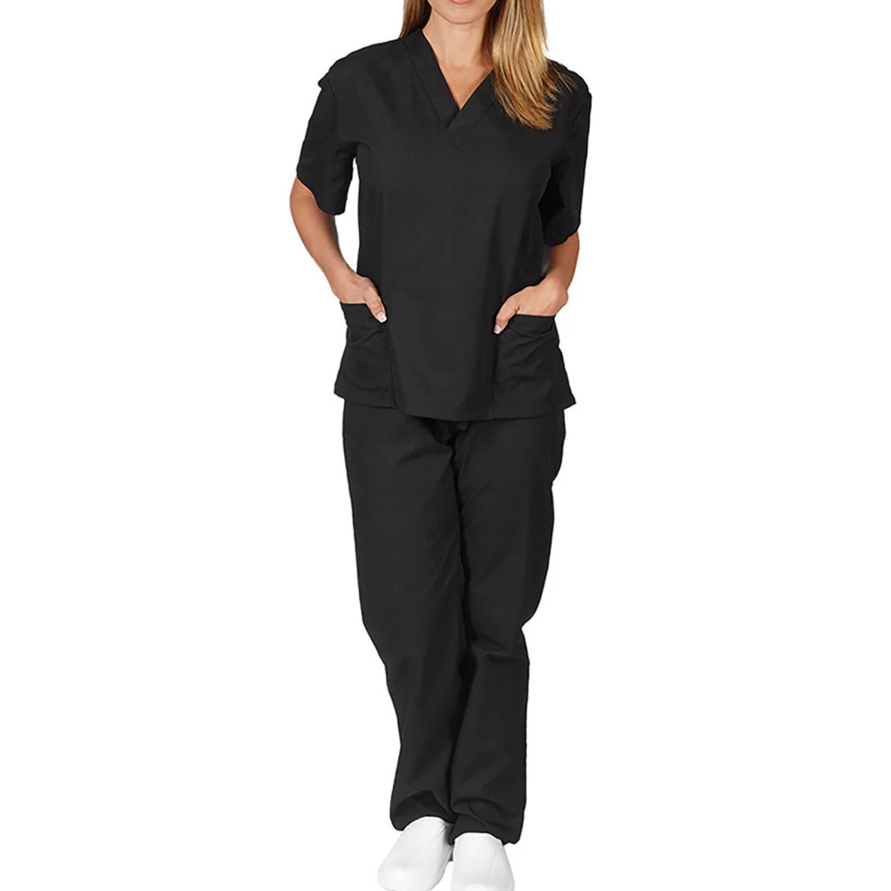 Women Surgical Uniform Professional Simple Soft Breathable Short Sleeve V Neck Tops and Pants Black M