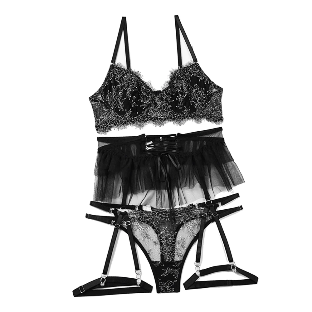 Lace Lingerie Set Slim Fashionable Lingerie Lace Bra Panty Set for Wedding Night Honeymoon Black S