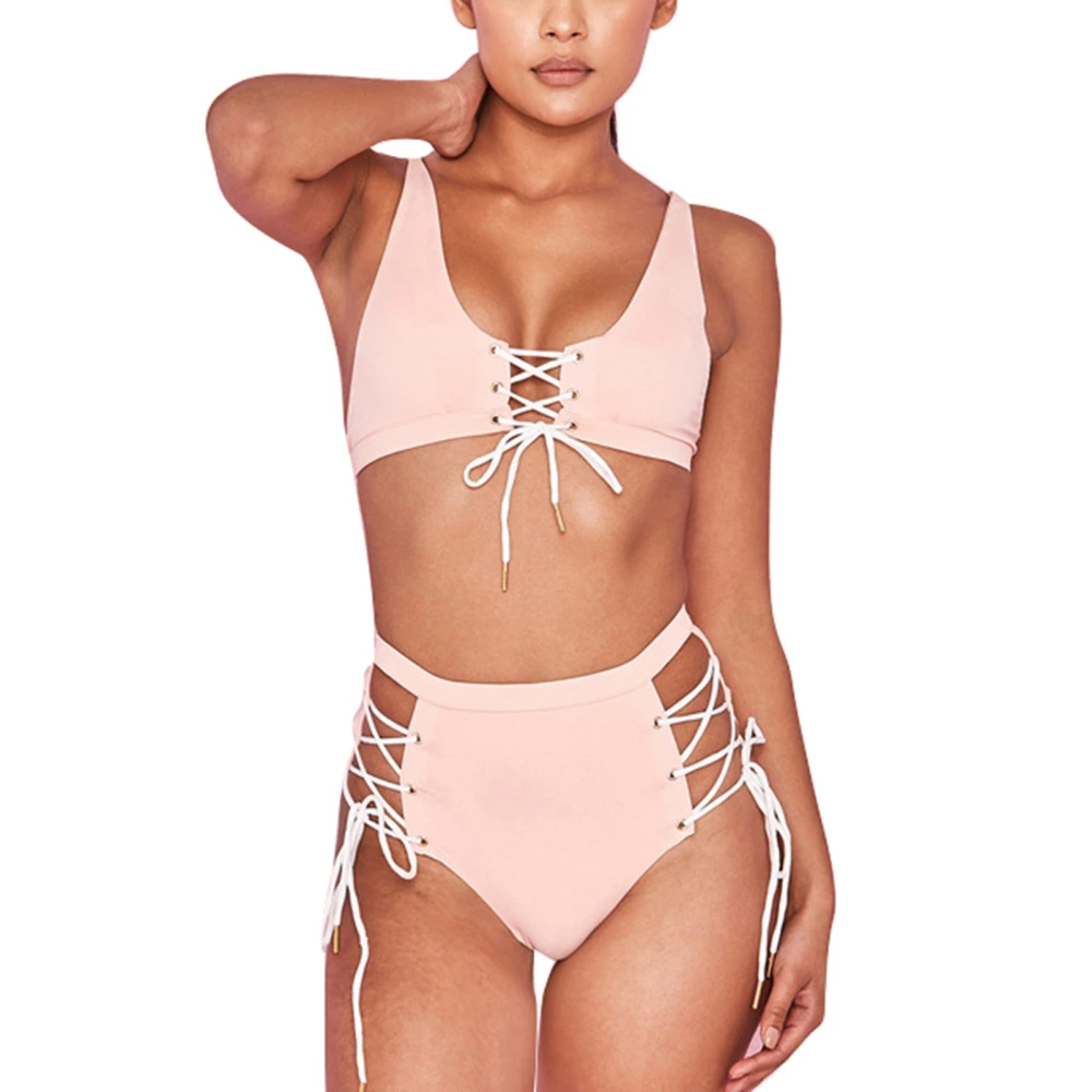 Two Piece Swimsuit High Waist Erogenous Fashionable Tight Bikini for Beaches Surfing Swimming Pools Peachy Beige M