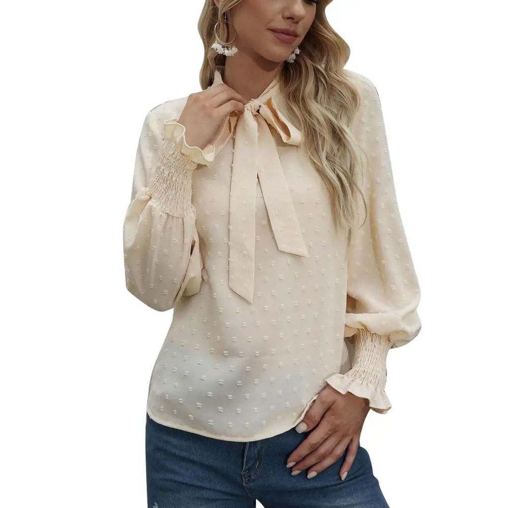 Women Blouse Bow Tied Neckline Shirred Cuff Pure Color Long Sleeved Casual Fit Women Top Apricot XL