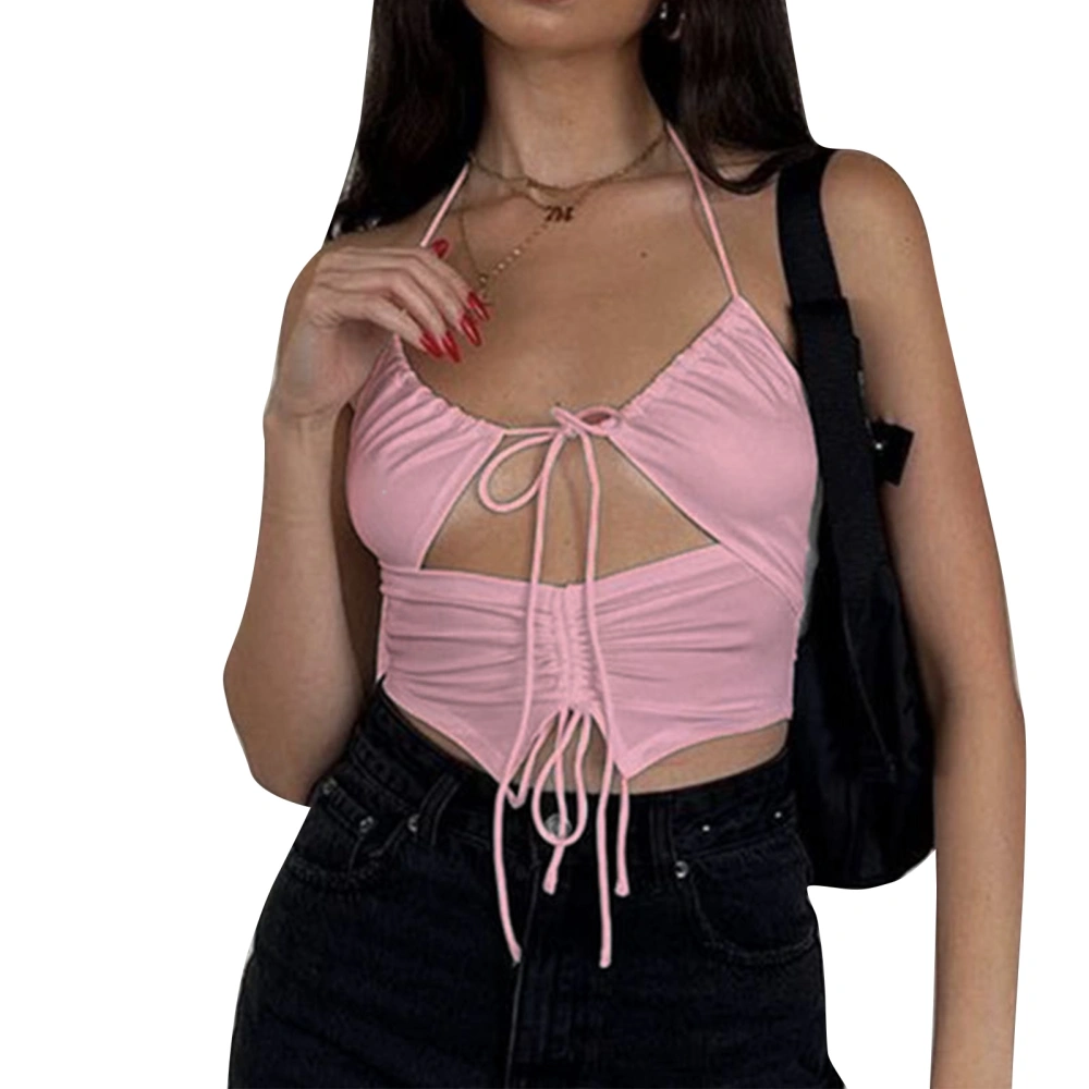 Halter Neck Vest Hollow Drawstring Sleeveless Pure Color Deep V Neck Slim Fit Women Halter Neck Vest Pink M