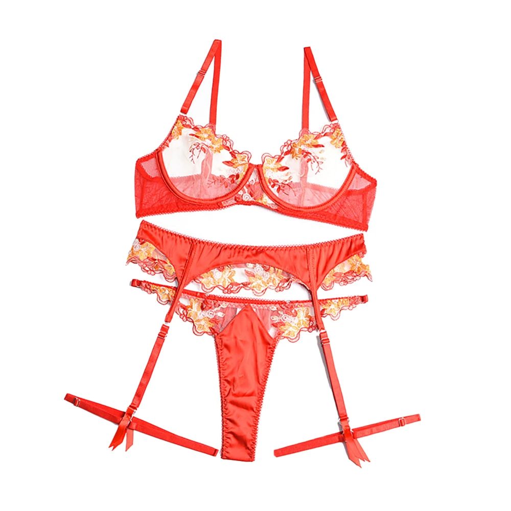 Women Embroidery Lace Lingerie Set Retro Elegant Mesh Bra Panty Garter Belt Leg Ring Set for Honeymoon Red S