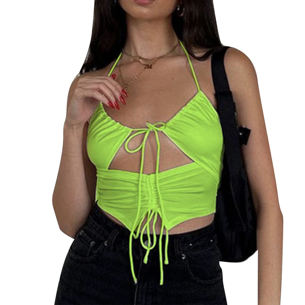 Halter Neck Vest Hollow Drawstring Sleeveless Pure Color Deep V Neck Slim Fit Women Halter Neck Vest Green M