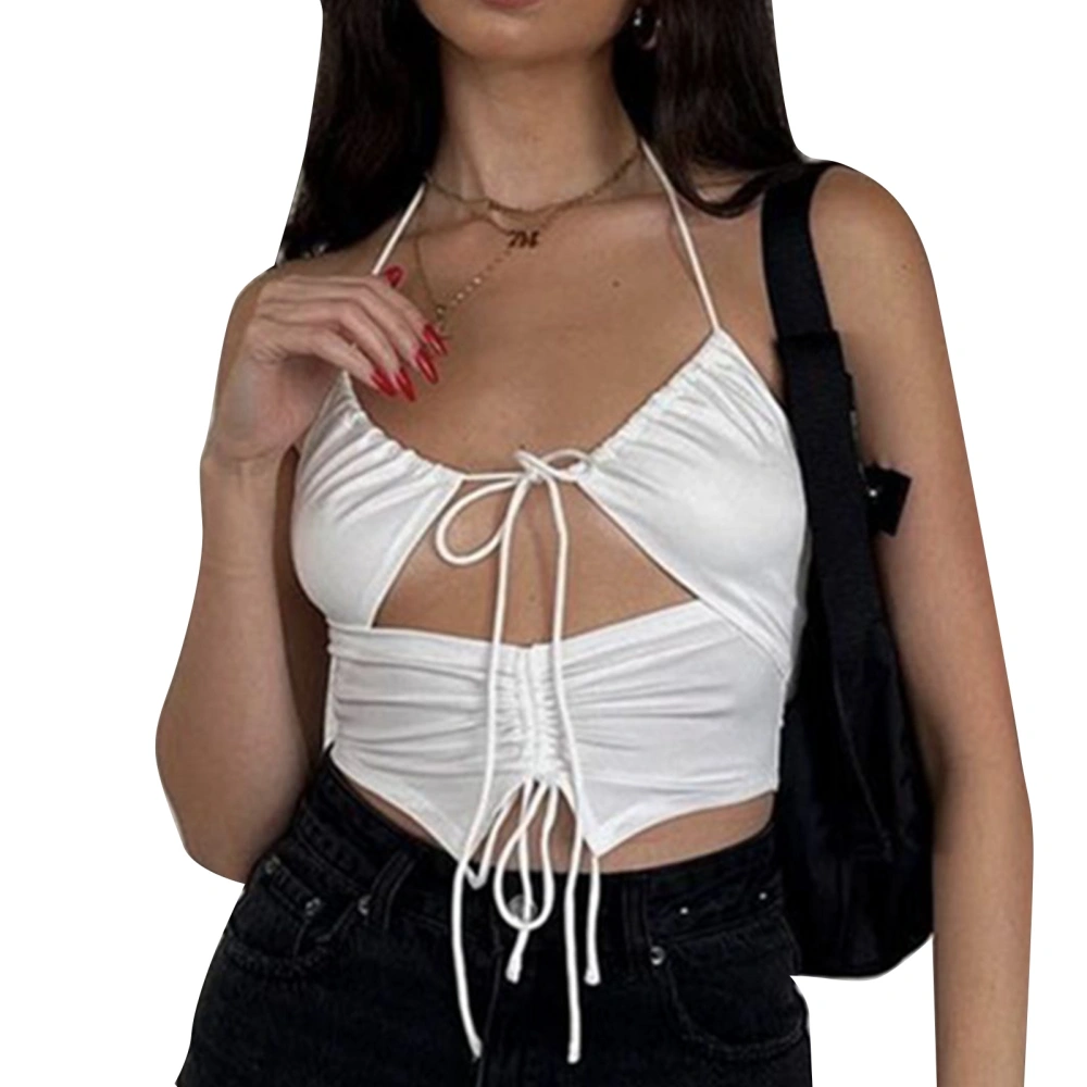 Halter Neck Vest Hollow Drawstring Sleeveless Pure Color Deep V Neck Slim Fit Women Halter Neck Vest White XL