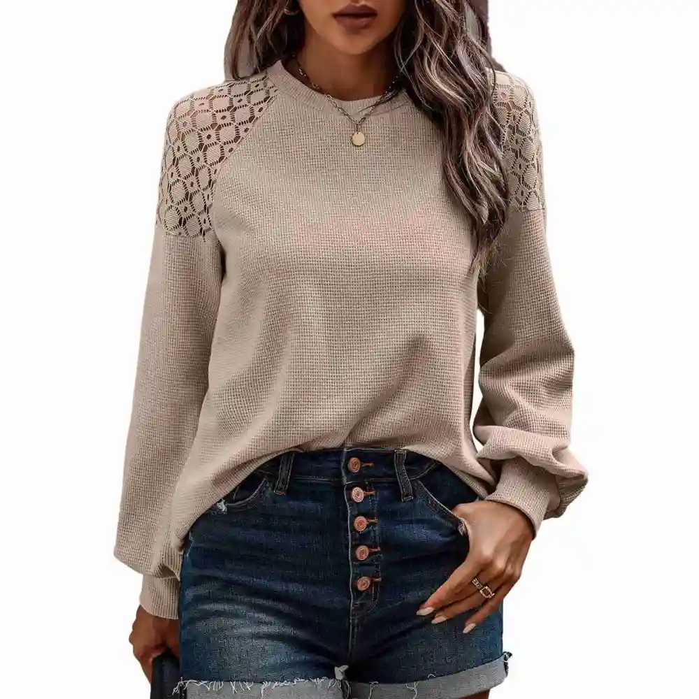 Lace Splicing Long Sleeve T Shirt Women Stylish Loose Casual Pure Color Crewneck Cuff Closure Top Blouse Apricot XL