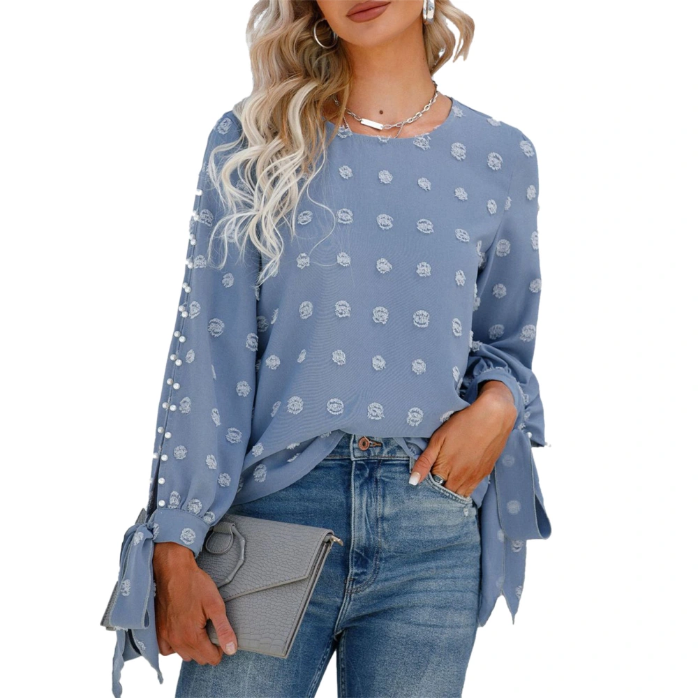 Womens Long Sleeve Swiss Dot Shirt Round Neck Opening Long Sleeves Closure Lacing Top Shirt Light Blue L