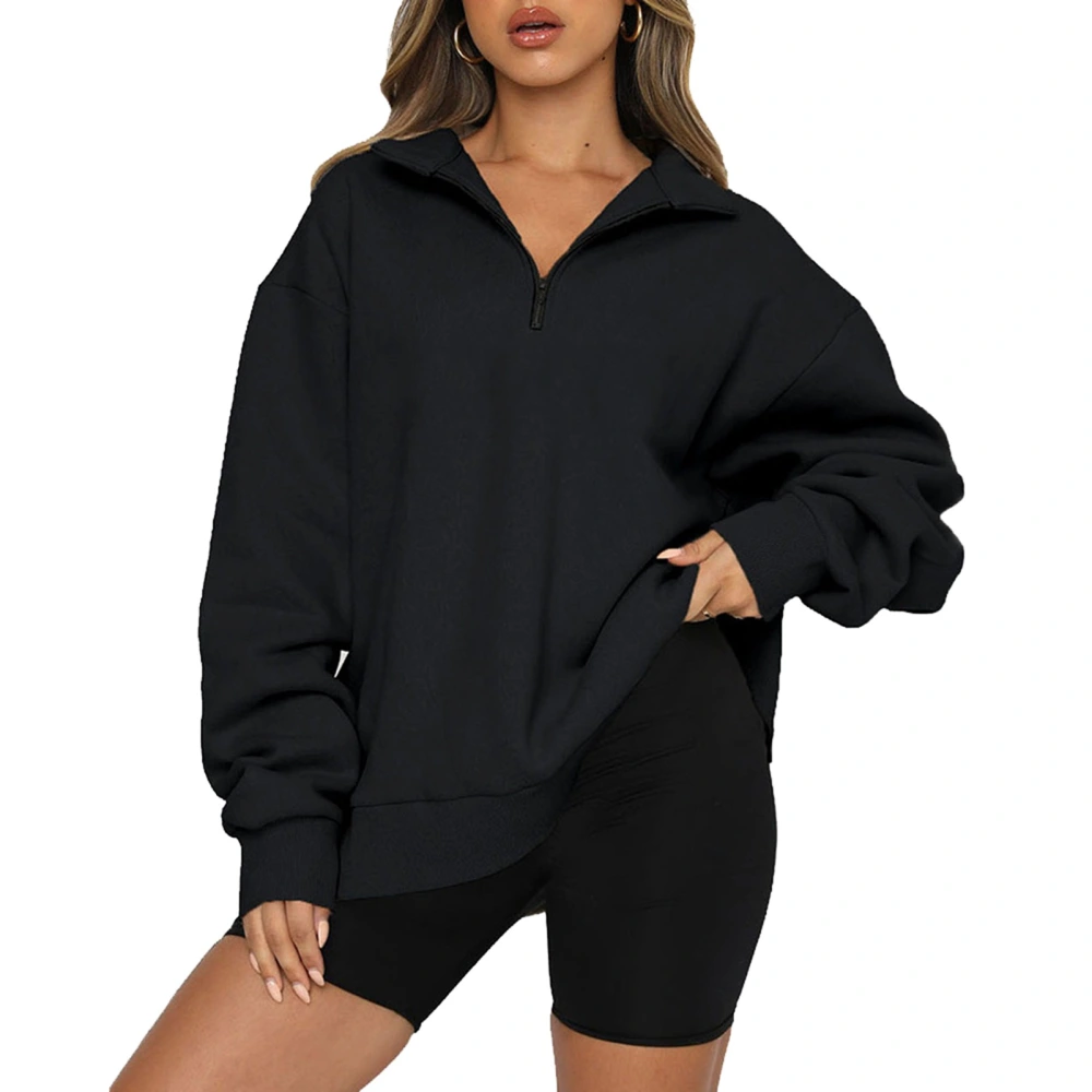 Women Half Zip Rib Cuff Long Sleeve Sweatshirt Casual Loose Hem Pure Color Fleece Lined Pullover Tops Black XL