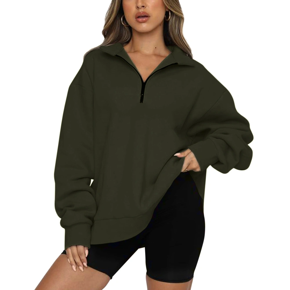 Women Half Zip Rib Cuff Long Sleeve Sweatshirt Casual Loose Hem Pure Color Fleece Lined Pullover Tops OD Green XXL