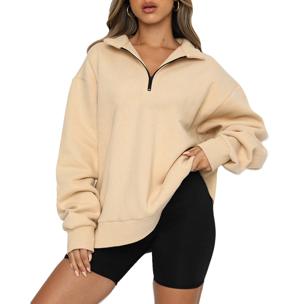 Women Half Zip Rib Cuff Long Sleeve Sweatshirt Casual Loose Hem Pure Color Fleece Lined Pullover Tops Apricot XXL