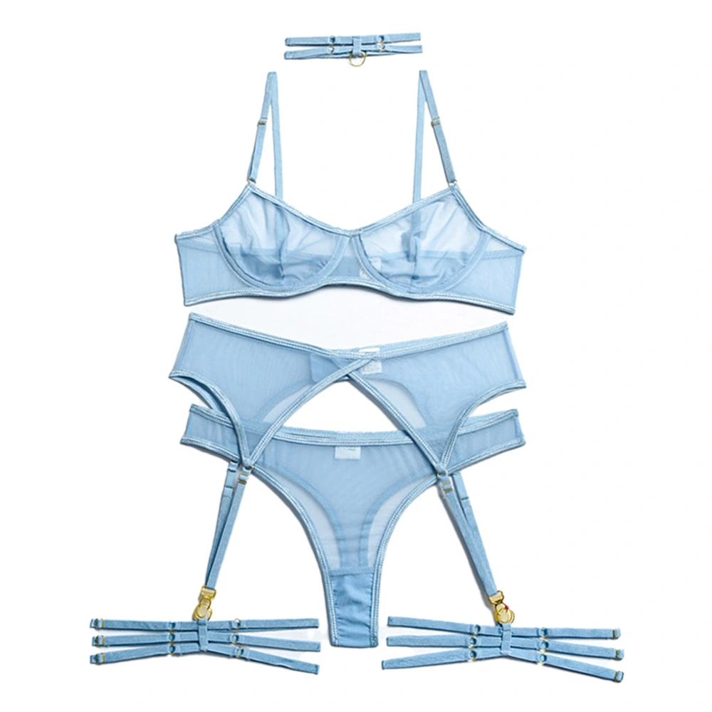 Women Mesh Strappy Lingerie Set Fashionable Charming 4 Piece Lingerie with Choker Underwire Panty Blue S