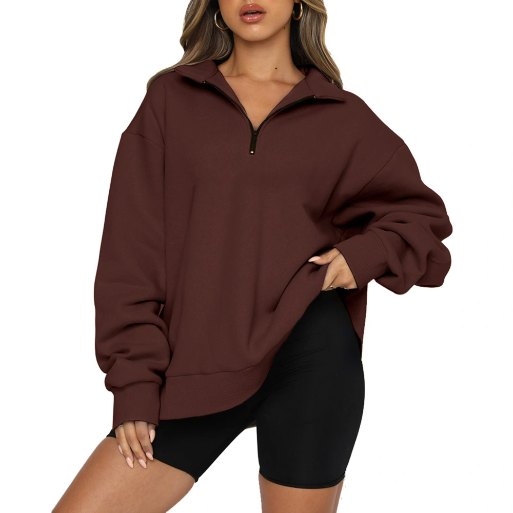 Women Half Zip Rib Cuff Long Sleeve Sweatshirt Casual Loose Hem Pure Color Fleece Lined Pullover Tops Brown S