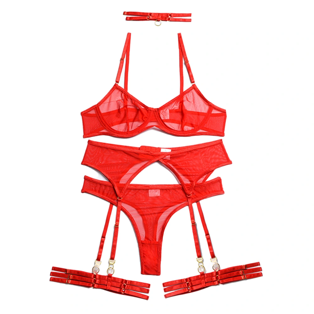 Women Mesh Strappy Lingerie Set Fashionable Charming 4 Piece Lingerie with Choker Underwire Panty Red L