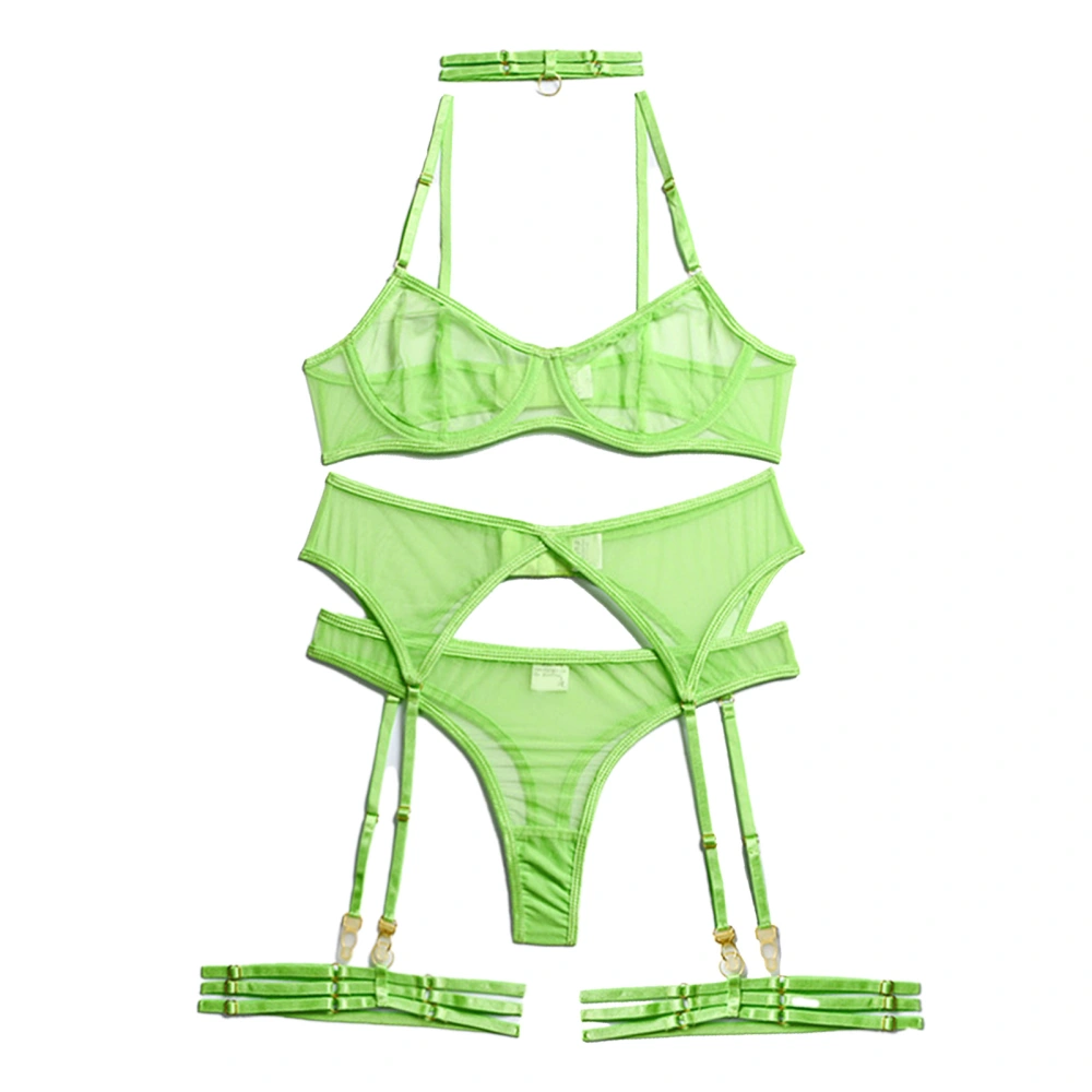 Women Mesh Strappy Lingerie Set Fashionable Charming 4 Piece Lingerie with Choker Underwire Panty Apple Green S