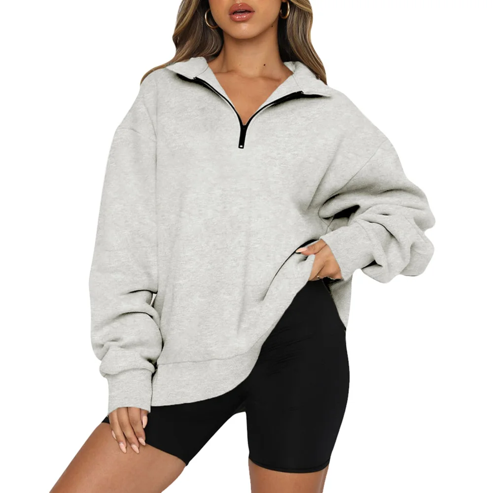 Women Half Zip Rib Cuff Long Sleeve Sweatshirt Casual Loose Hem Pure Color Fleece Lined Pullover Tops Gray XXL