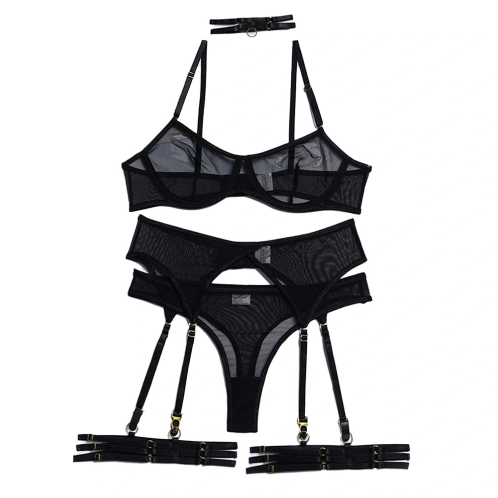 Women Mesh Strappy Lingerie Set Fashionable Charming 4 Piece Lingerie with Choker Underwire Panty Black S