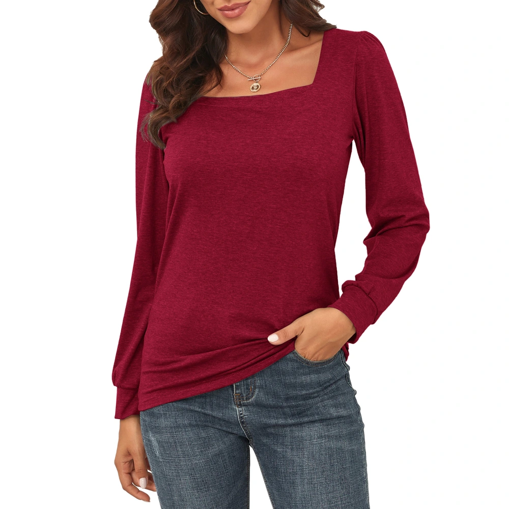 Womens Puff Sleeve Top Casual Style Long Sleeve Pure Color T Shirt Fashion Blouse for Home Office Burgundy M