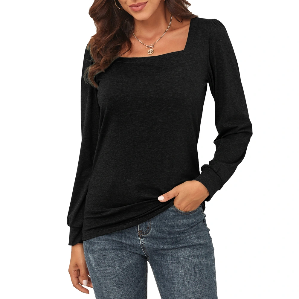 Womens Puff Sleeve Top Casual Style Long Sleeve Pure Color T Shirt Fashion Blouse for Home Office Black L