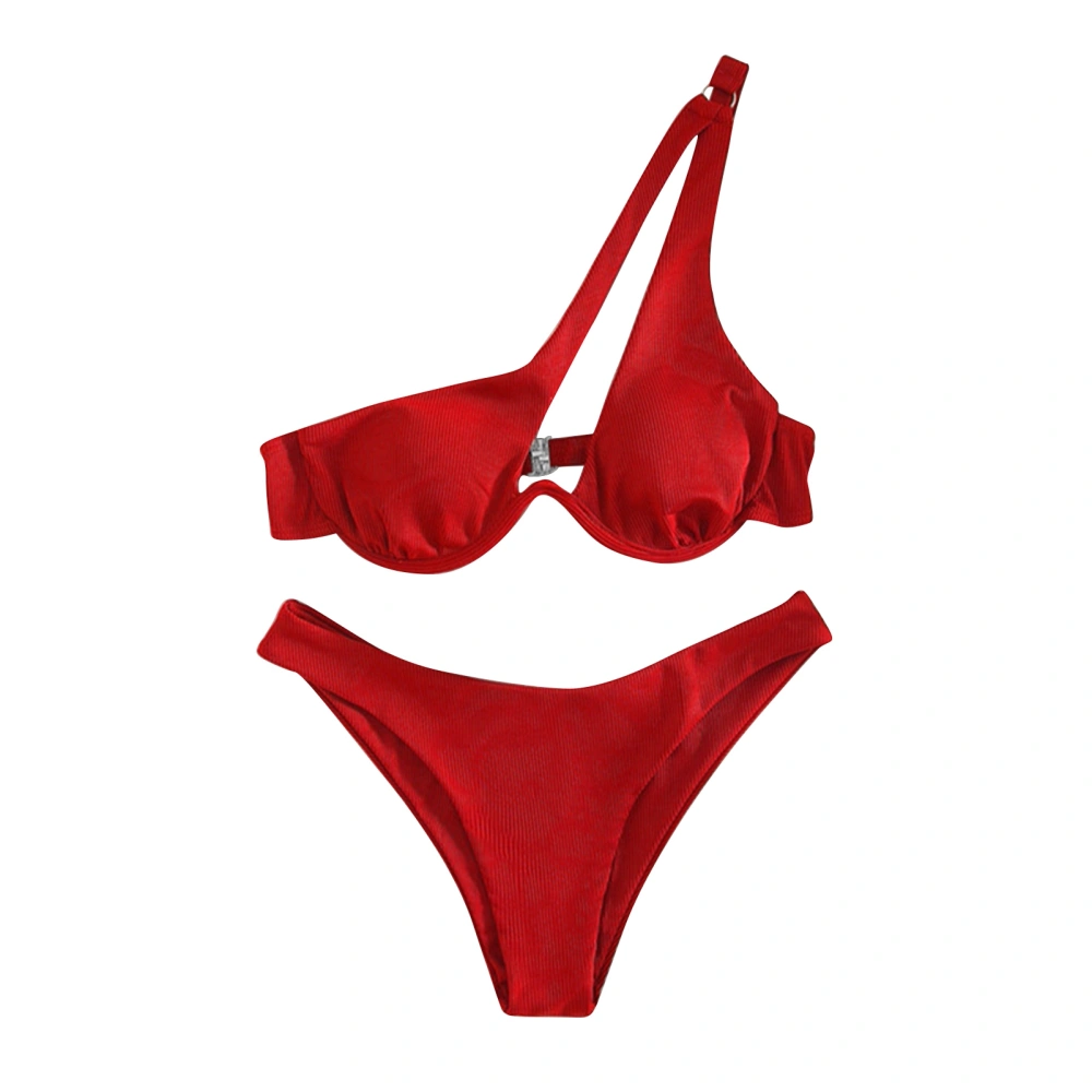 Women Bikini Set Two Piece Underwire Padded One Shoulder Cutout Backless Stretchy Bathing Suit Swimwear Red XL