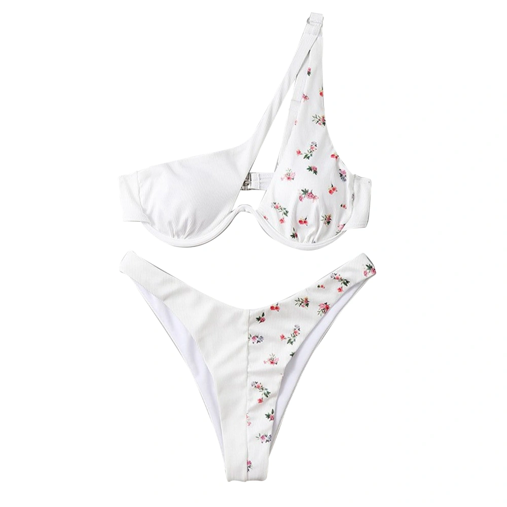 Women Bikini Set Two Piece Underwire Padded One Shoulder Cutout Backless Stretchy Bathing Suit Swimwear White Floral Print XL